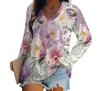 Camiseta Mujer Manga Larga Cuello En V - Top Oversize Holgado con Patrón Floral Acuarela, Básica Y Casual, Top Mujer Tallas Grandes con Gracia