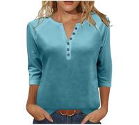 Camiseta Mujer Manga Larga,Cuello V con Botones Camisetas Mujer Primavera Verano Basico Simple Color Block Camisa Informal Casual Blusa Tops Sueltos Camisas Original Oficina tee Pullover T-Shirt