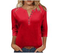 Camiseta Mujer Manga Larga,Cuello V con Botones Camisetas Mujer Primavera Verano Basico Simple Color Block Camisa Informal Casual Blusa Tops Sueltos Camisas Original Oficina tee Pullover T-Shirt