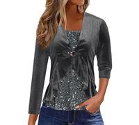 Camiseta Mujer Manga Larga Lentejuelas Terciopelo Patchwork Volantes Moda Color sólido Elegante Suelto Túnica Tops Casual Fiesta T-Shirt Camisa Talla Grande Primavera Otoño tee Jersey 2025
