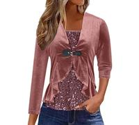 Camiseta Mujer Manga Larga Lentejuelas Terciopelo Patchwork Volantes Moda Color sólido Elegante Suelto Túnica Tops Casual Fiesta T-Shirt Camisa Talla Grande Primavera Otoño tee Jersey 2025