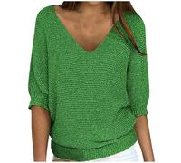 Camiseta Mujer Manga Larga,Talla Grande Blusa Mujer de Manga 3/4 Cuello V Camiseta Basicas Suelto Casual Color Sólido Cover Up Diario Deportivo Túnica Transpirable Shirts Oficina Superior Tops