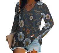 Camiseta Mujer Mangas Largas Tops Estampado Floral Retro Moda Cuello En V Camisetas Gracia Clásico De Vacaciones Holgado Y Cómodo Top