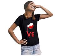 Camiseta mujer San Valentín blusa corta carta corazón mangas impresas tops para mujer blusa traje de verano damas, Negro , XXL