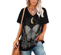 Camiseta Mujer Tallas Grandes Camiseta De Mujer con Cuello En V Media Manga Estilo del Tarot Celestial Verano Top En Ajuste Holgado como Blusa Patrones Mariposas, Lunas Y Estrellas Camisetas