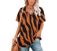 Camiseta Mujer Tallas Grandes Camiseta De Mujer con Cuello En V Media Manga Impresiones 3D con Temática Animal Verano Top En Ajuste Holgado como Blusa Patrón Rayas Tigre Negras Y Naranjas Camisetas