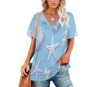 Camiseta Mujer Tallas Grandes Camiseta De Mujer con Cuello En V Media Manga Lindo Estilo Retro Verano Top En Ajuste Holgado como Blusa Patrón Sin Costuras Conchas Y Estrellas Mar Camisetas