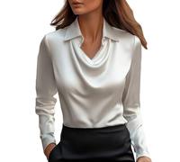 Camiseta Mujer,Women's Elegant Cowl Neck Satin Blouse Long Sleeve Work Shirt Top Camiseta Plateada Mujer Manga Larga (White, L).
