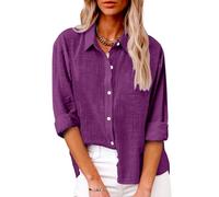 Camiseta Mujer,Women's Solid Color Stand Up Collar Cotton and Line Long Sleeved Shirt Blouse Camisas Mujer Blancas Y De Manga Corta (Deep Purple, M).