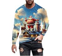 Camiseta Navidad Hombre Talla Grande Cuello Redondo Jersey Navideño Hombre Manga Larga con Estampado de Navideños Sueltos Casual Suéter de Navideña Cómoda Christmas Pullover Top Ugly Xmas Jumper