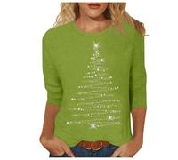 Camiseta navideña para mujer de 3/4 manga, camiseta navideña divertida, elegante suéter navideño con árbol de Navidad, blusa fea de Navidad de cuello redondo, camiseta navideña en negro, casual