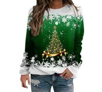 Camiseta navideña para mujer, tallas grandes, fea, sin capucha, camiseta copos de nieve, manga larga, roja, jerséis navideños divertidos, cuello redondo, reno, sudadera, top curvo, divertido, Verde