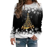Camiseta navideña para mujer, tallas grandes, fea, sin capucha, camiseta copos de nieve, manga larga, roja, jerséis navideños divertidos, cuello redondo, reno, sudadera, top curvo, divertido, Negro