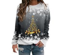 Camiseta navideña para mujer, tallas grandes, fea, sin capucha, camiseta copos de nieve, manga larga, roja, jerséis navideños divertidos, cuello redondo, reno, sudadera, top curvo, divertido, gris