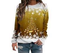 Camiseta navideña para mujer, tallas grandes, fea, sin capucha, camiseta copos de nieve, manga larga, roja, jerséis navideños divertidos, cuello redondo, reno, sudadera, top curvo, divertido, dorado