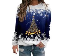 Camiseta navideña para mujer, tallas grandes, fea, sin capucha, camiseta copos de nieve, manga larga, roja, jerséis navideños divertidos, cuello redondo, reno, sudadera, top curvo, divertido, turquesa