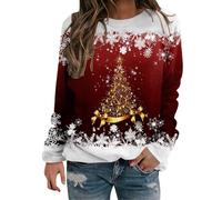 Camiseta navideña para mujer, tallas grandes, fea, sin capucha, camiseta copos de nieve, manga larga, roja, jerséis navideños divertidos, cuello redondo, reno, sudadera, top curvo, divertido, rojo