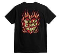 Camiseta Negra con Estampado 'Vivir Así Es Morir de Amor', Corazón en Llamas, Manga Corta