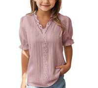 Camiseta niña,Camisa Elegante de Encaje Liso para niñasblusa Holgada Informal de Verano con Cuello en Va la de Color lisocon Mangas Top De (Pink5-6 Years)