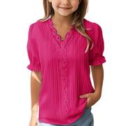 Camiseta niña,Camisa Elegante de Encaje Liso para niñasblusa Holgada Informal de Verano con Cuello en Va la de Color lisocon Mangas Top De (Hot Pink13-14 Years)
