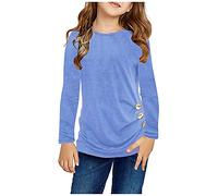 Camiseta niña,Camiseta Azul niña,Túnica para niños pequeños y s, Cuello, ultrasuave, de Color sólido, de Manga Larga, Informal, con Botones Laterales Top Lencero Encaje (Sky Blue, 8-9 Years).