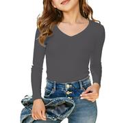 Camiseta NiñA Camiseta Larga con Cuello en V para niñas Grandes preadolescentes Transpirable y Ligera para Uso Diario Casual (Dark Gray, 11-12 Years)