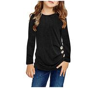 Camiseta niña,Camiseta Negra niña,Túnica para niños pequeños y s, Cuello, ultrasuave, de Color sólido, de Manga Larga, Informal, con Botones Laterales Top Lencero Encaje (Black, 8-9 Years)