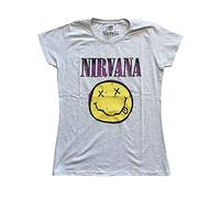 Camiseta Nirvana Smiley Pink Band Logo Oficial Mujeres Skinny Fit Gris Jaspeado, gris, XXL
