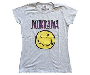 Camiseta Nirvana Smiley Pink Band Logo Oficial Mujeres Skinny Fit Gris Jaspeado, gris, XXL