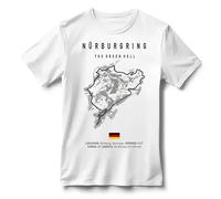Camiseta Nurburgring The Green Hell, Circuito de Carreras Alemán, Diseño del Trazado, Tuning - Coche - Car - Biker - Rally - JDM - Unisex (FR/ES, Letras, M, Regular, Regular, Blanco)