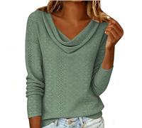 Camiseta Oversize Mujer Elegante Blusa Femenina de Manga Larga con Cuello Vuelto y Detalles de Ojal para un Estilo Laboral y Casual (Green, L)