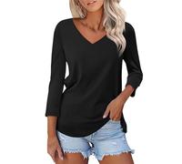 Camiseta Oversize para mujer, deporte, cuello en V, manga larga, cuello en V, gran tamaño, camisa relajada, blusa, color puro, cómoda, camiseta transpirable, blusa, Negro , M