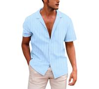 Camiseta para hombre blanca de jacquard, camiseta de verano con botones hacia abajo, transpirable, cómoda, informal, de moda, de trabajo, de manga corta, para vacaciones, playa, azul, M