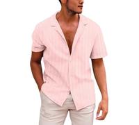 Camiseta para hombre blanca de jacquard, camiseta de verano con botones hacia abajo, transpirable, cómoda, informal, de moda, de trabajo, de manga corta, para vacaciones, playa, Rosa., XXL