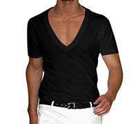 Camiseta para hombre, color negro, XXXL con cuello de pico, camiseta básica de verano, informal, camiseta de gimnasio, monocolor, camiseta minimalista, camisa de verano para hombre, corte ajustado