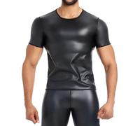 Camiseta para hombre con aspecto de piel brillante - Camiseta muscular ajustada para fiesta y club | Parte superior de manga corta con aspecto húmedo para una apariencia distintiva, Style_h01 Negro, L