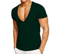 Camiseta para hombre con cuello en V extremadamente profundo, camiseta de muscle que realza la figura para fiestas y fitness, camiseta de manga corta en estilo extravagante, Style_r04 Verde, XXL