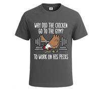 Camiseta para hombre con diseño de animales Why Did The Chicken Go to The Gym, Camiseta gris con estampado blanco, XL