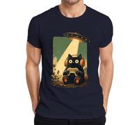 Camiseta para hombre con diseño de gato UFO Alien Secuestro Japón Y2K, azul marino, XL