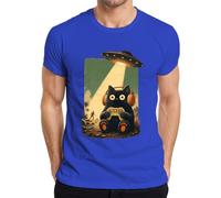 Camiseta para hombre con diseño de gato UFO Alien Secuestro Japón Y2K, azul, S
