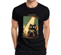 Camiseta para hombre con diseño de gato UFO Alien Secuestro Japón Y2K, Negro , XL