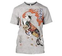 Camiseta para Hombre con Estampado 3D de Gato Estilo Ukiyo-e japonés Gato samurái Tatuaje Gráfico Camiseta para Mujer Cuello Redondo Manga Corta