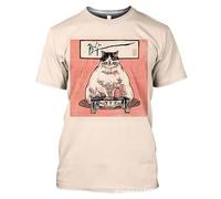 Camiseta para Hombre con Estampado 3D de Gato Estilo Ukiyo-e japonés Gato samurái Tatuaje Gráfico Camiseta para Mujer Cuello Redondo Manga Corta