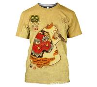 Camiseta para Hombre con Estampado 3D de Gato Estilo Ukiyo-e japonés Gato samurái Tatuaje Gráfico Camiseta para Mujer Cuello Redondo Manga Corta