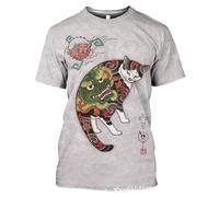 Camiseta para Hombre con Estampado 3D de Gato Estilo Ukiyo-e japonés Gato samurái Tatuaje Gráfico Camiseta para Mujer Cuello Redondo Manga Corta
