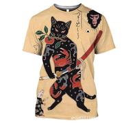 Camiseta para Hombre con Estampado 3D de Gato Estilo Ukiyo-e japonés Gato samurái Tatuaje Gráfico Camiseta para Mujer Cuello Redondo Manga Corta