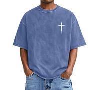 Camiseta para hombre con estampado gráfico, manga corta, corte grande, cuello redondo suave, camiseta de ocio estampada, diseño de cruz de Faith, diseño cristiano Jesús Father, O azul., XL