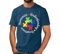 Camiseta para hombre con inscripción circular de Autism Awareness - Camiseta gráfica blanca con texto redondo de rompecabezas | Camiseta informal para el día a día y el tiempo libre, Style_j03 Blue