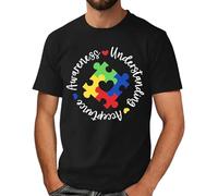 Camiseta para hombre con inscripción circular de Autism Awareness - Camiseta gráfica blanca con texto redondo de rompecabezas | Camiseta informal para el día a día y el tiempo libre, Style_j01 Negro