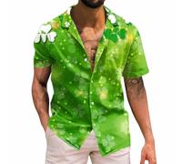 Camiseta para hombre con texto "Happy St Patricks Day", blusa hawaiana de lino y algodón con botones, trébol de manga corta, con solapa, trébol irlandés, ropa del día de San Patricio, Verde4, 3XL